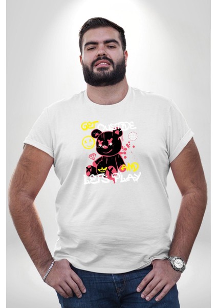 Dışarı Çık Ve Oynayalım Teddy Beyaz Büyük Beden Kadın Erkek Ünisex Basic Ön Baskılı Tişört