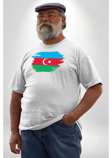 Azerbeycan Bayrağı Beyaz Büyük Beden Kadın Erkek Ünisex Basic Ön Baskılı Tişört