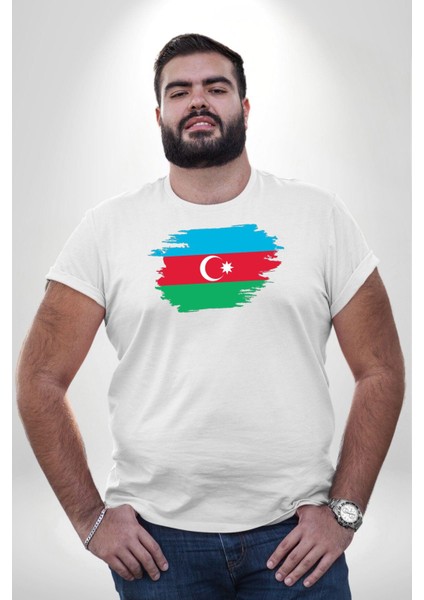 Azerbeycan Bayrağı Beyaz Büyük Beden Kadın Erkek Ünisex Basic Ön Baskılı Tişört