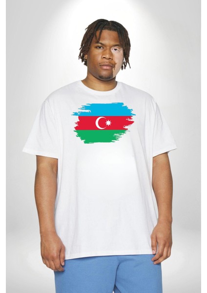 Azerbeycan Bayrağı Beyaz Büyük Beden Kadın Erkek Ünisex Basic Ön Baskılı Tişört