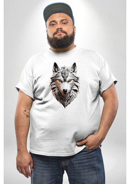 Beyaz Kurt Kafası Beyaz Büyük Beden Kadın Erkek Ünisex Basic Ön Baskılı Tişört