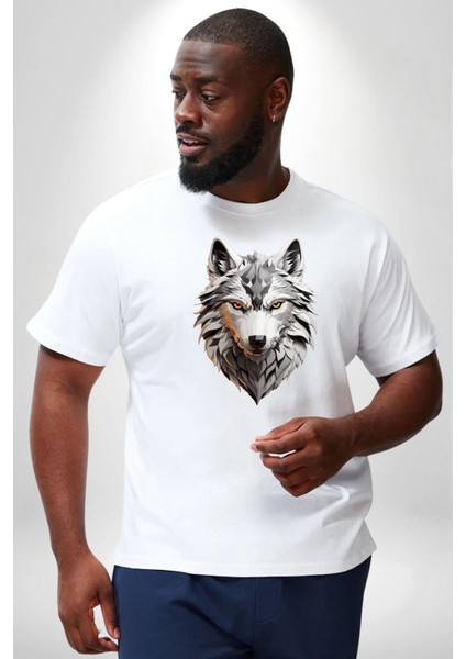 Beyaz Kurt Kafası Beyaz Büyük Beden Kadın Erkek Ünisex Basic Ön Baskılı Tişört modelleri