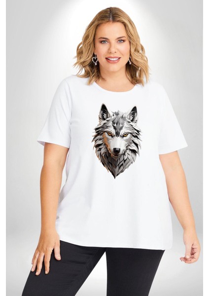 Beyaz Kurt Kafası Beyaz Büyük Beden Kadın Erkek Ünisex Basic Ön Baskılı Tişört fırsatları