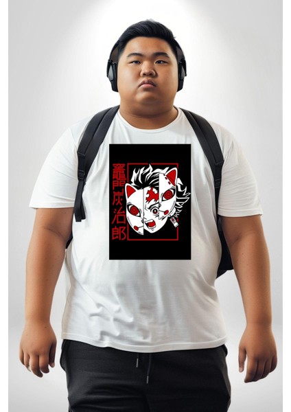 Anime Iblis Avcısı Kimetsu No Yaiba Maske Beyaz Büyük Beden Kadın Erkek Ünisex Basic Ön Baskılı Tişört