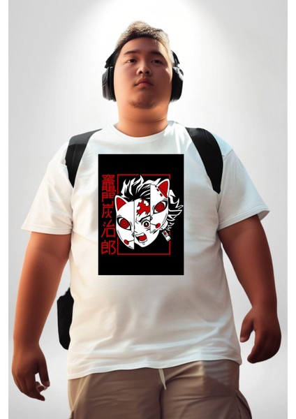 Anime Iblis Avcısı Kimetsu No Yaiba Maske Beyaz Büyük Beden Kadın Erkek Ünisex Basic Ön Baskılı Tişört modelleri