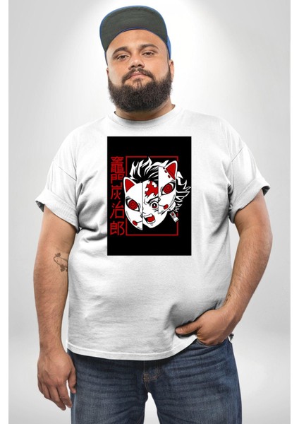 Anime Iblis Avcısı Kimetsu No Yaiba Maske Beyaz Büyük Beden Kadın Erkek Ünisex Basic Ön Baskılı Tişört fırsatları