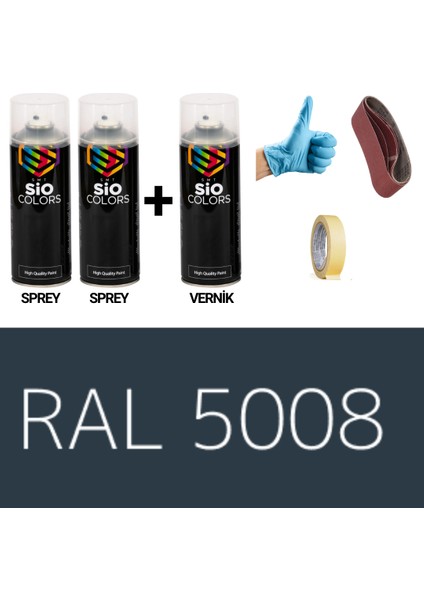 2 Adet Sprey+1 Adet Vernik Gri Mavi RAL-5008 Sprey Boya Seti 400 Ml+Zımpara+Kağıtbant+Eldiven