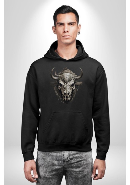 Bizon Inek Kafatası Kurumuş Kadın Erkek Siyah Kapüşonlu Sweatshirt Hoodie