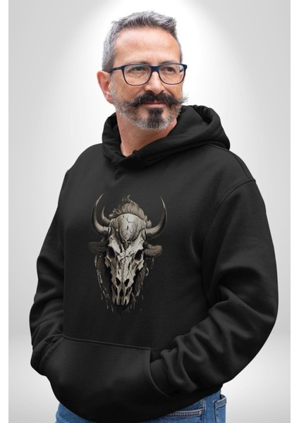 Bizon Inek Kafatası Kurumuş Kadın Erkek Siyah Kapüşonlu Sweatshirt Hoodie modelleri