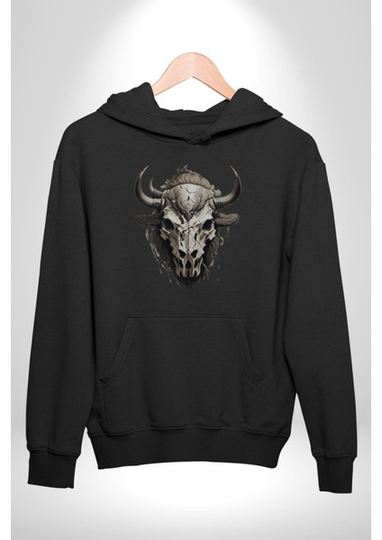 Bizon Inek Kafatası Kurumuş Kadın Erkek Siyah Kapüşonlu Sweatshirt Hoodie indirimleri