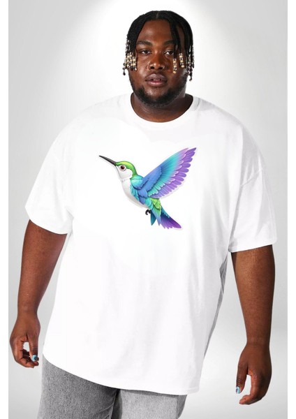 Sinek Kuşu Renkli Beyaz Büyük Beden Kadın Erkek Ünisex Basic Ön Baskılı Tişört