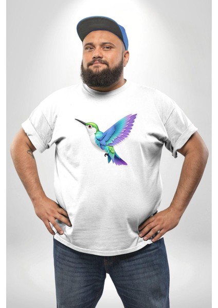 Sinek Kuşu Renkli Beyaz Büyük Beden Kadın Erkek Ünisex Basic Ön Baskılı Tişört modelleri