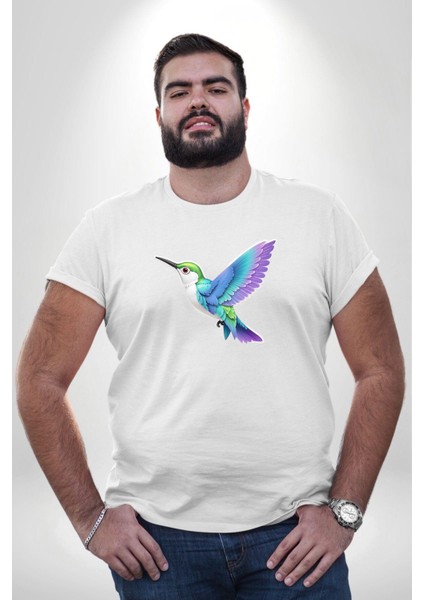Sinek Kuşu Renkli Beyaz Büyük Beden Kadın Erkek Ünisex Basic Ön Baskılı Tişört fırsatları