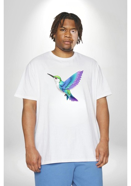 Sinek Kuşu Renkli Beyaz Büyük Beden Kadın Erkek Ünisex Basic Ön Baskılı Tişört indirimleri