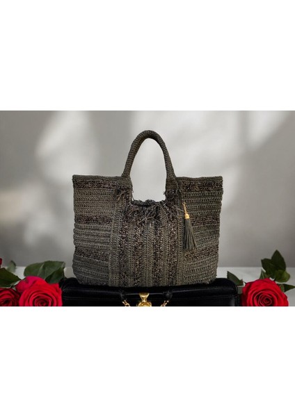 Siyah Renk Kağıt Ip El Örgüsü Tasarım Omuz Çantası