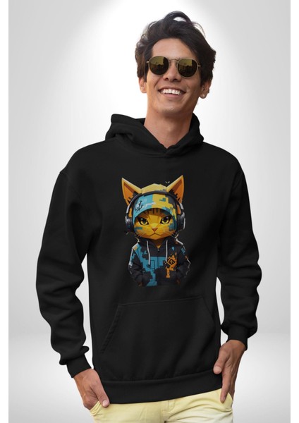 Bandana Kedi Kulaklık Çeket Kadın Erkek Siyah Kapüşonlu Sweatshirt Hoodie