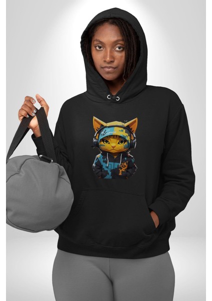 Bandana Kedi Kulaklık Çeket Kadın Erkek Siyah Kapüşonlu Sweatshirt Hoodie modelleri