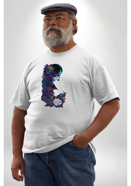 Cadılar Beyaz Güller Beyaz Büyük Beden Kadın Erkek Ünisex Basic Ön Baskılı Tişört