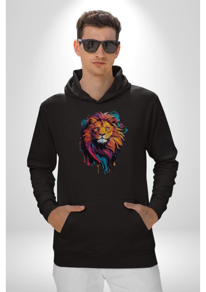 Renkli Yağlı Boya Aslan Kadın Erkek Siyah Kapüşonlu Sweatshirt Hoodie
