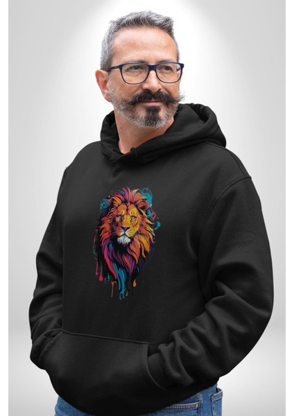 Renkli Yağlı Boya Aslan Kadın Erkek Siyah Kapüşonlu Sweatshirt Hoodie