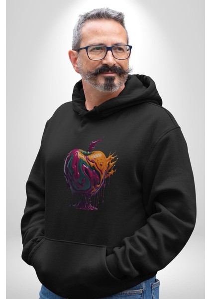 Yağlı Boya Elma Kadın Erkek Siyah Kapüşonlu Sweatshirt Hoodie
