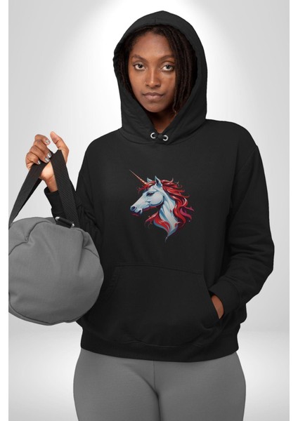 Unicorn Tek Boynuzlu At Kadın Erkek Siyah Kapüşonlu Sweatshirt Hoodie