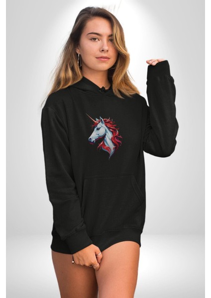 Unicorn Tek Boynuzlu At Kadın Erkek Siyah Kapüşonlu Sweatshirt Hoodie