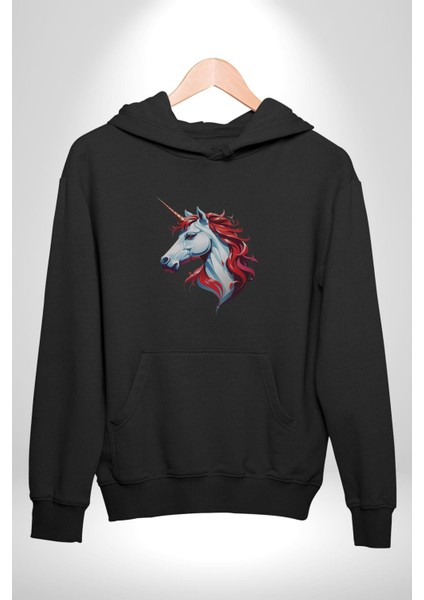 Unicorn Tek Boynuzlu At Kadın Erkek Siyah Kapüşonlu Sweatshirt Hoodie