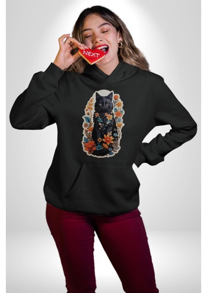 Çiçekli Siyah Kedi Etiket Kadın Erkek Siyah Kapüşonlu Sweatshirt Hoodie