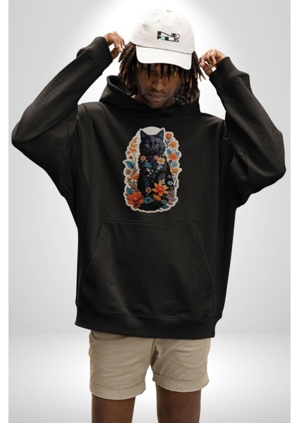Çiçekli Siyah Kedi Etiket Kadın Erkek Siyah Kapüşonlu Sweatshirt Hoodie