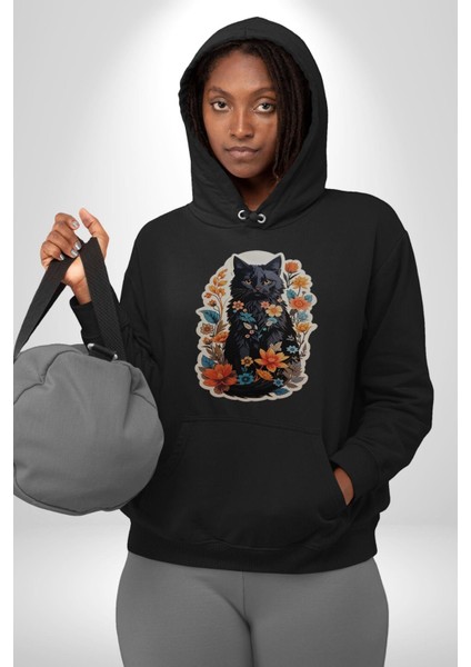 Çiçekli Siyah Kedi Etiket Kadın Erkek Siyah Kapüşonlu Sweatshirt Hoodie