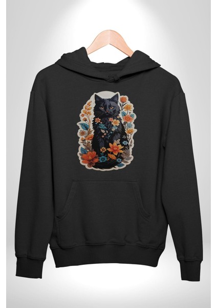Çiçekli Siyah Kedi Etiket Kadın Erkek Siyah Kapüşonlu Sweatshirt Hoodie