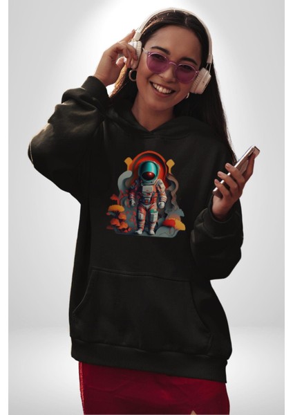 Astronot Yapay Zeka Yürüyüş Kadın Erkek Siyah Kapüşonlu Sweatshirt Hoodie