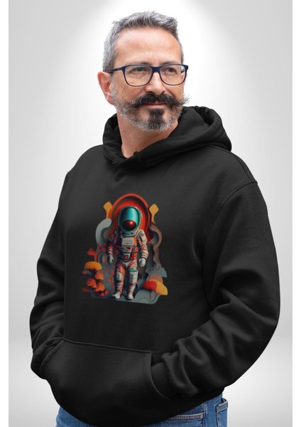 Astronot Yapay Zeka Yürüyüş Kadın Erkek Siyah Kapüşonlu Sweatshirt Hoodie