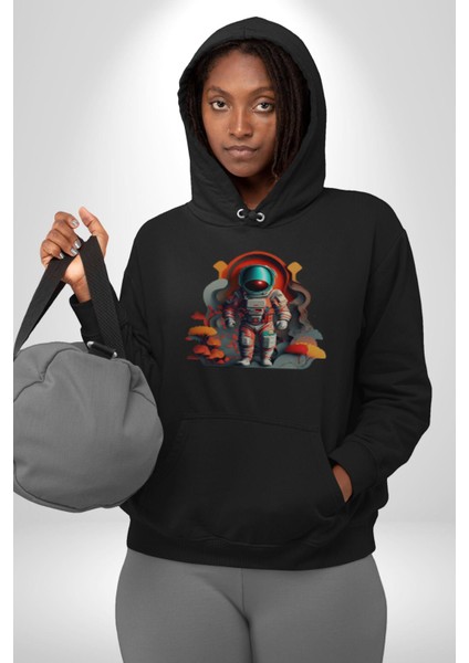 Astronot Yapay Zeka Yürüyüş Kadın Erkek Siyah Kapüşonlu Sweatshirt Hoodie