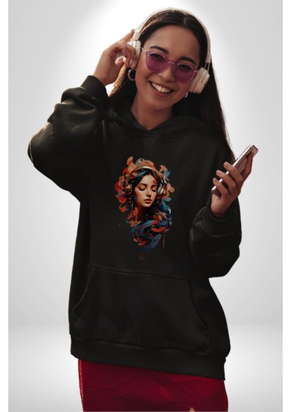 Müzik Dinleyen Kulaklık Yaprak Saçlı Renkli Kadın Erkek  Siyah Kapüşonlu Sweatshirt Hoodie