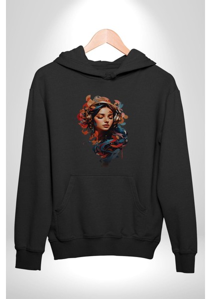 Müzik Dinleyen Kulaklık Yaprak Saçlı Renkli Kadın Erkek  Siyah Kapüşonlu Sweatshirt Hoodie