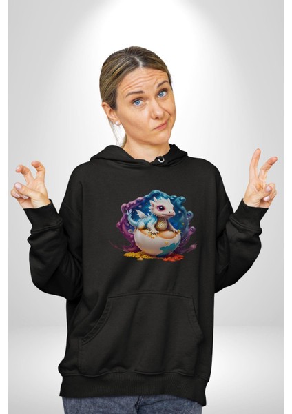 Sevimli Bebek Ejderha Elmas Yumurta Kadın Erkek Siyah Kapüşonlu Sweatshirt Hoodie