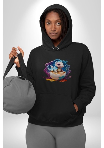 Sevimli Bebek Ejderha Elmas Yumurta Kadın Erkek Siyah Kapüşonlu Sweatshirt Hoodie