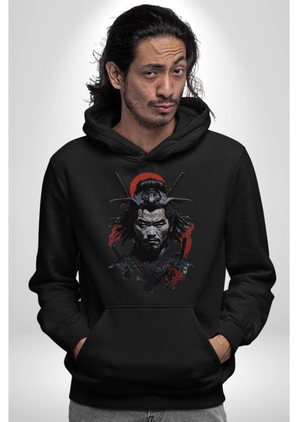 Asyalı Japon Samuray Savaşcı Kadın Erkek Siyah Kapüşonlu Sweatshirt Hoodie