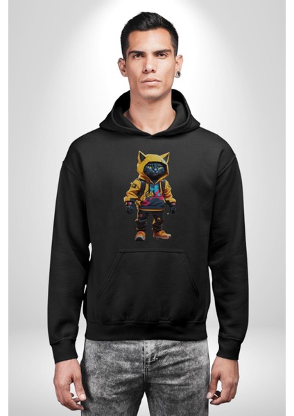 Spor Eşofman Takımı Sarı Kedi Insan Kadın Erkek Siyah Kapüşonlu Sweatshirt Hoodie fiyatları
