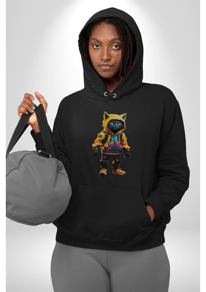 Spor Eşofman Takımı Sarı Kedi Insan Kadın Erkek Siyah Kapüşonlu Sweatshirt Hoodie fırsatları