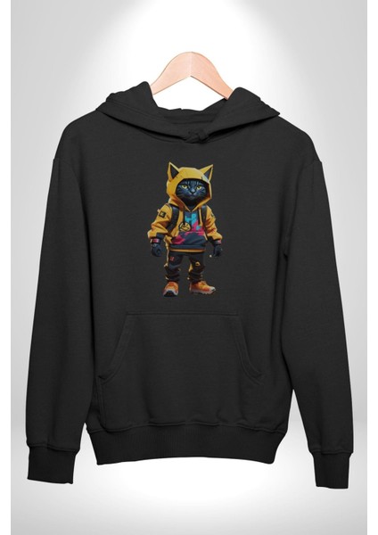 Spor Eşofman Takımı Sarı Kedi Insan Kadın Erkek Siyah Kapüşonlu Sweatshirt Hoodie indirimleri