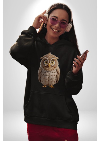 Baykuş Kadın Erkek Siyah Kapüşonlu Sweatshirt Hoodie