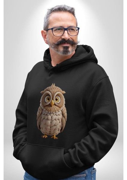 Baykuş Kadın Erkek Siyah Kapüşonlu Sweatshirt Hoodie