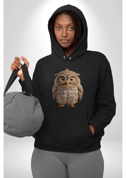Baykuş Kadın Erkek Siyah Kapüşonlu Sweatshirt Hoodie