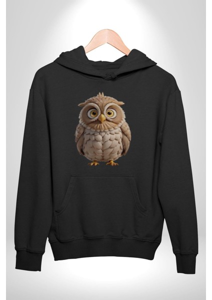 Baykuş Kadın Erkek Siyah Kapüşonlu Sweatshirt Hoodie