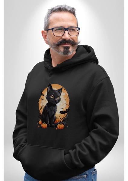Cadılar Bayramı Kedi Kadın Erkek Siyah Kapüşonlu Sweatshirt Hoodie modelleri