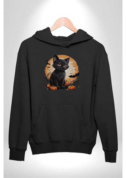 Cadılar Bayramı Kedi Kadın Erkek Siyah Kapüşonlu Sweatshirt Hoodie indirimleri