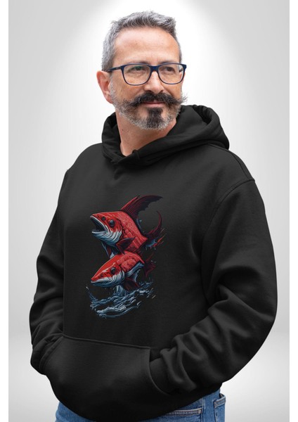 Kırmızı Japon Balığı Kadın Erkek Siyah Kapüşonlu Sweatshirt Hoodie
